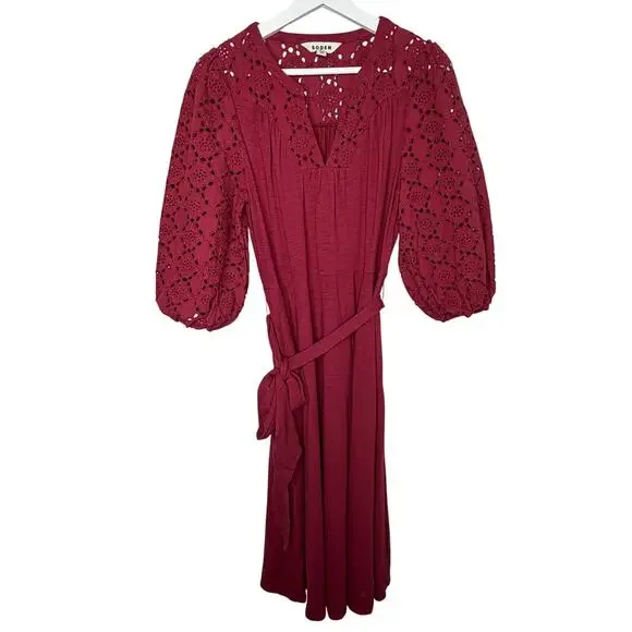 Boden Eden Broderie Jersey Puff Sleeve Midi Dress Garnet Red Women's Size 8P - Picture 3 of 11